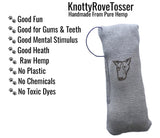 Knotty Rove Tosser handmade hemp dog toy made in Ontario, Canada for chew, tug, and fetch play.