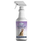Omega Alpha HerbaCoat dog coat conditioner bottle with herbal ingredients.