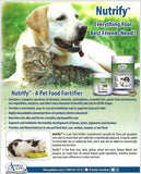 Omega Alpha Nutrify nutritional supplement for balanced cat and dog diets info sheet.
